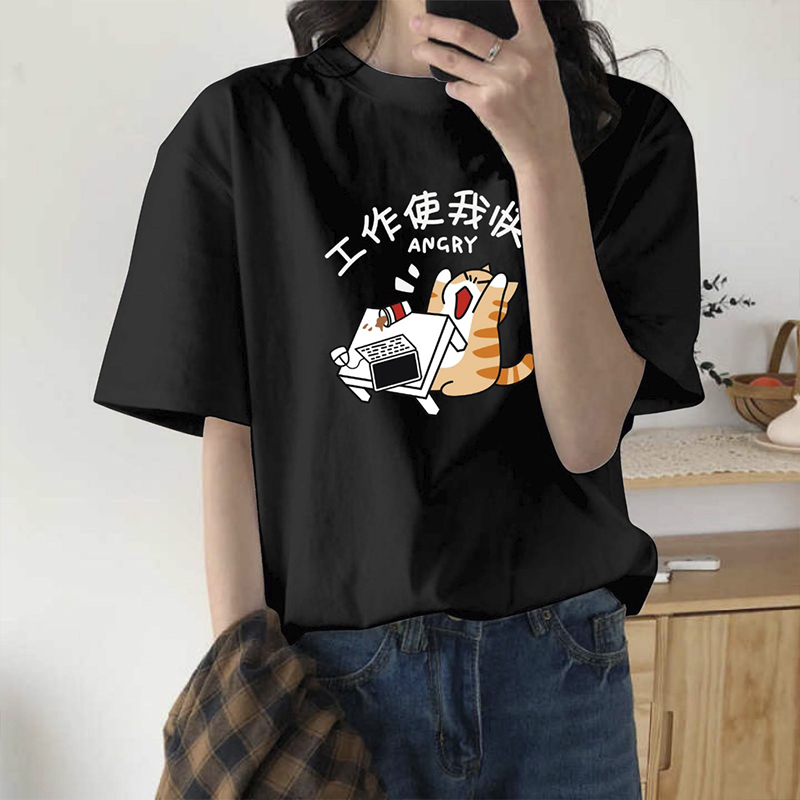 t shirt, cotton t shirt, loose t shirt, cat print t shirt